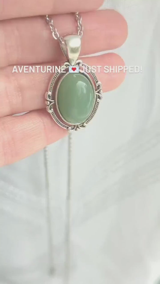 Green Aventurine Necklace, Vintage Silver Crystal Pendant Jewelry