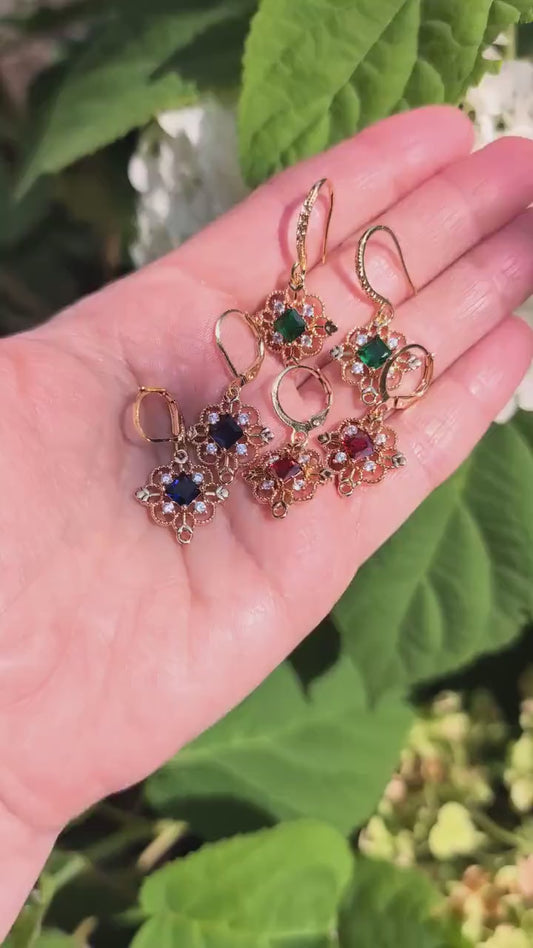 Gold Plated Filigree Dangle Earrings with Red, Green or Blue CZ Stones