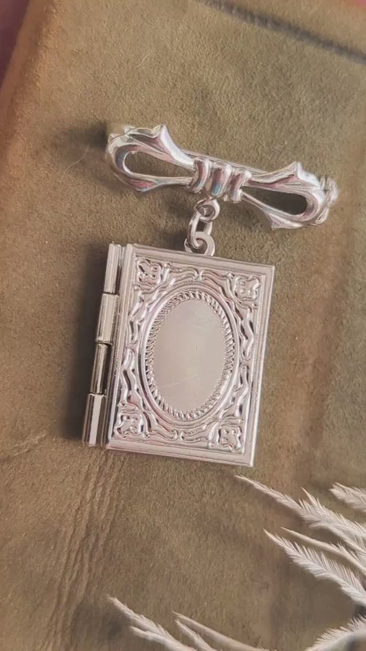 Silver Book Locket Brooch: Bridal Bouquet Memory Pin, Book Lover Gift