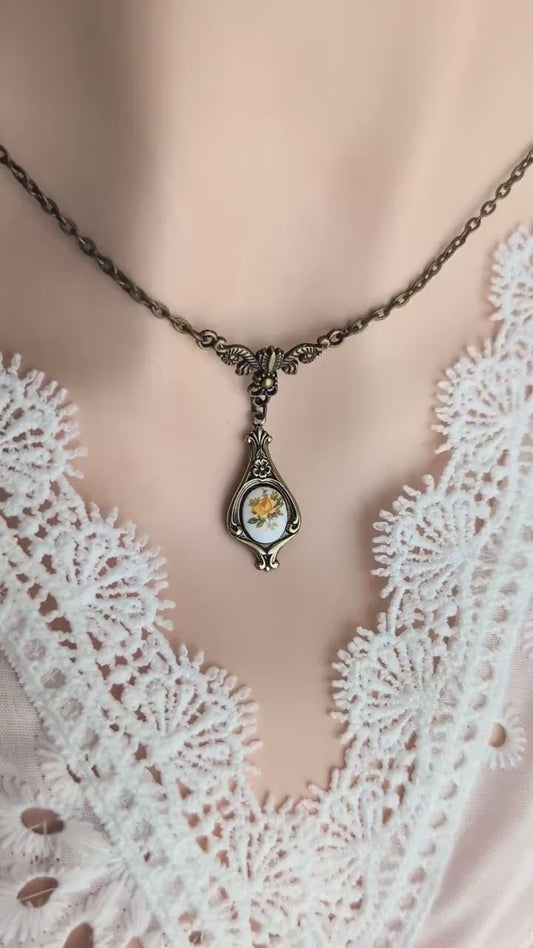 Yellow Rose Pendant, Art Nouveau Necklace, Vintage-Inspired Floral Jewelry