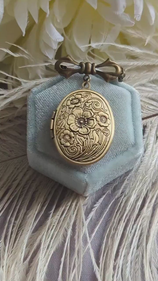 Embossed Floral Locket Brooch | Antiqued Brass Wedding Memory Pin