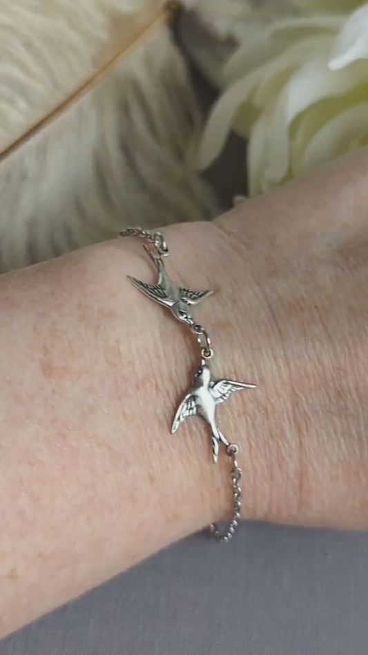 Silver Swallow two Bird Bracelet with toggle clasp- minimalist nature  jewelry