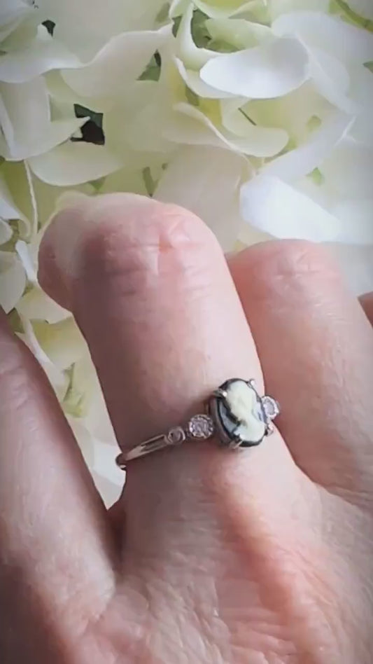 Cameo Ring with Cubic Zirconia, Sterling Silver Jewelry, Adjustable Size