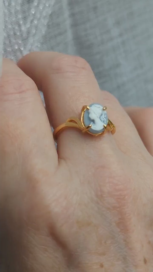 Gold Vermeil Cameo Ring, Victorian Jewelry, Adjustable Sterling Silver