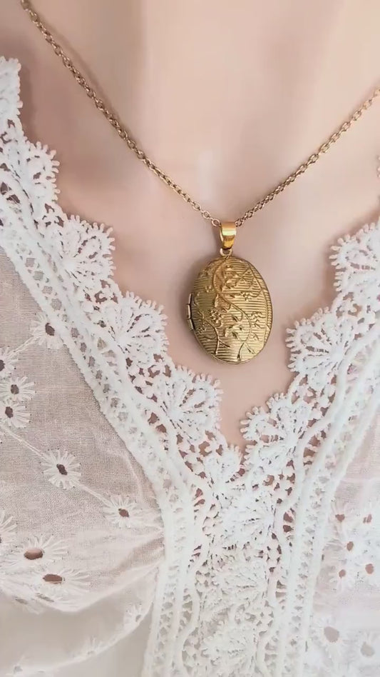 Vintage Style Oval Locket Necklace with Embossed Vine Design - Brass Photo Locket