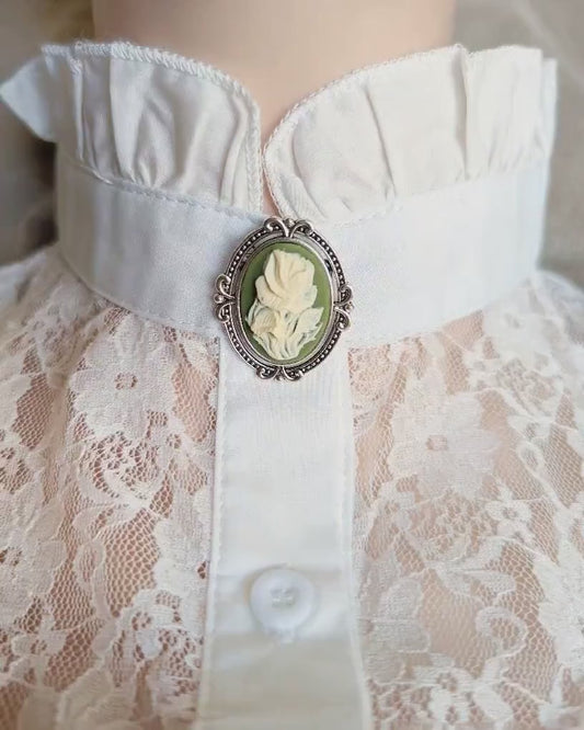 Blue Cameo Brooch: Cabbage Rose Pin, Victorian Style Jewelry