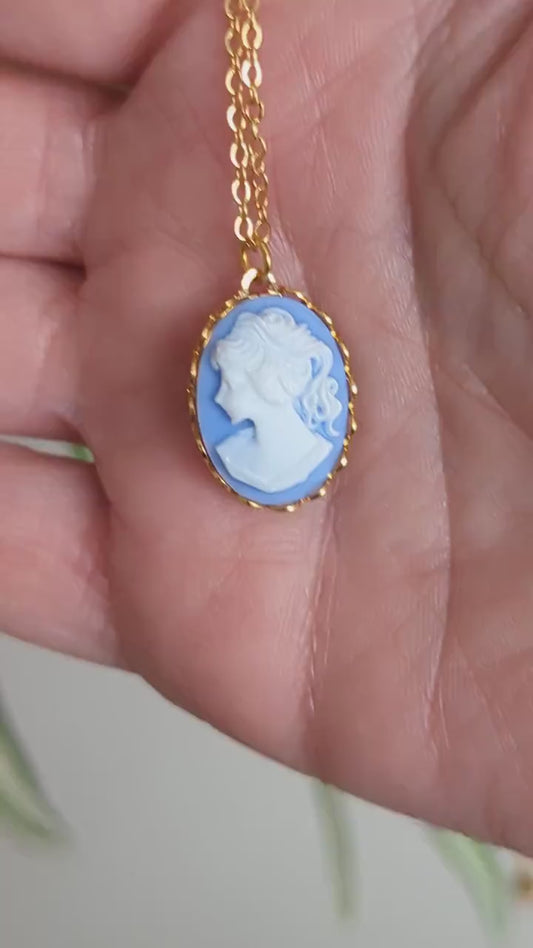 Gold Cameo Necklace, Dainty Blue Portrait Pendant, Vintage Style Handmade Jewelry