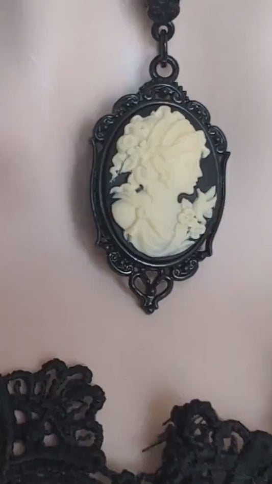 Gothic Goddess Cameo Necklace: Black Enamel Victorian Pendant