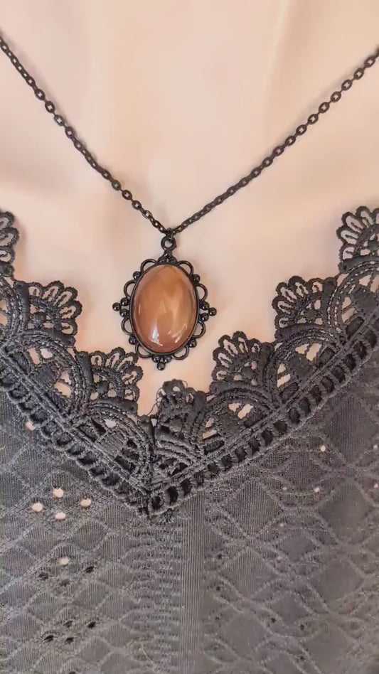 Oval Carnelian Necklace, Gothic Lacy Pendant, Handmade Jewelry