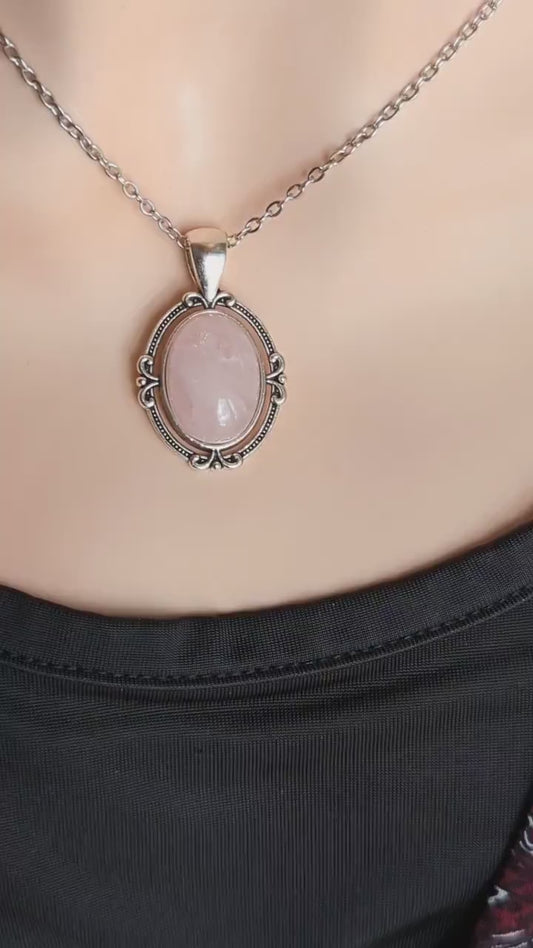 Rose Quartz Necklace | Antique Silver Pendant, Handmade Jewelry