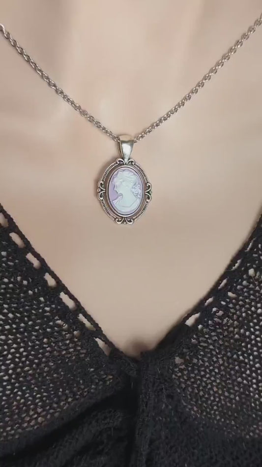 Purple Cameo Necklace, Victorian Silver Pendant, Vintage Jewelry Gift
