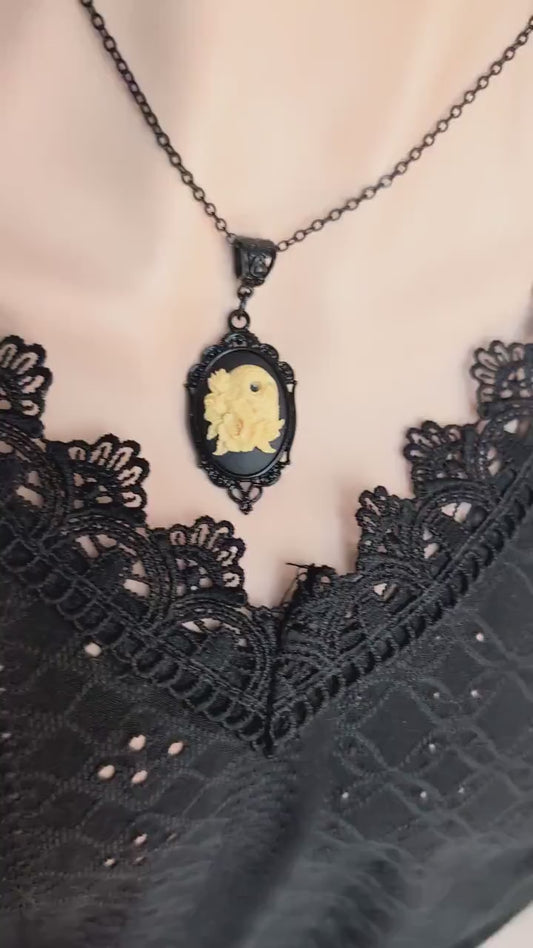 Black Sugar Skull Cameo Necklace, Gothic Jewelry