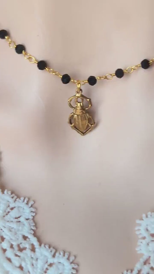 Scarab Pendant Choker | Black Beaded Rosary Chain Necklace