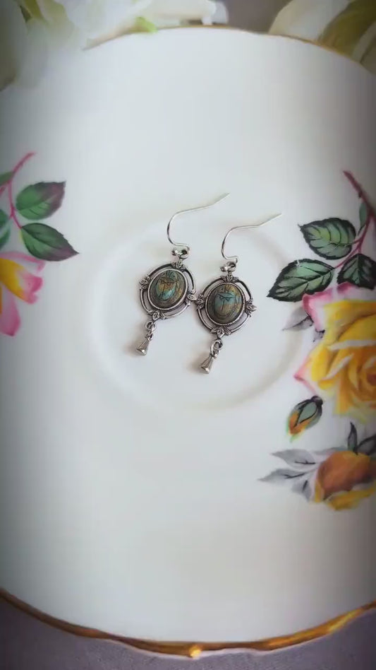 Scarab Earrings with Silver Ox Leaf Frame Pendants, Art Deco Jewelry with Egyptian Inspiration