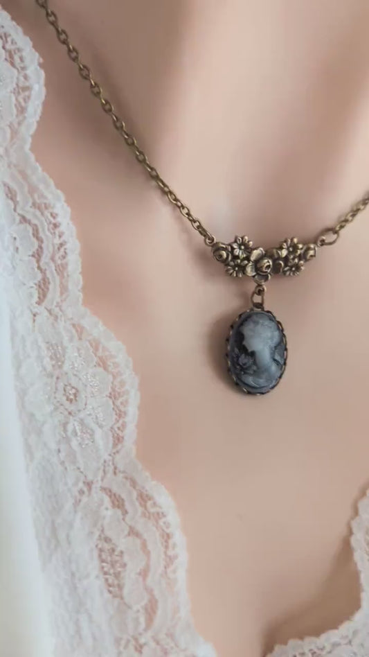 Blue Cameo Necklace: Vintage Lady Portrait in Oxidized Brass Pendant