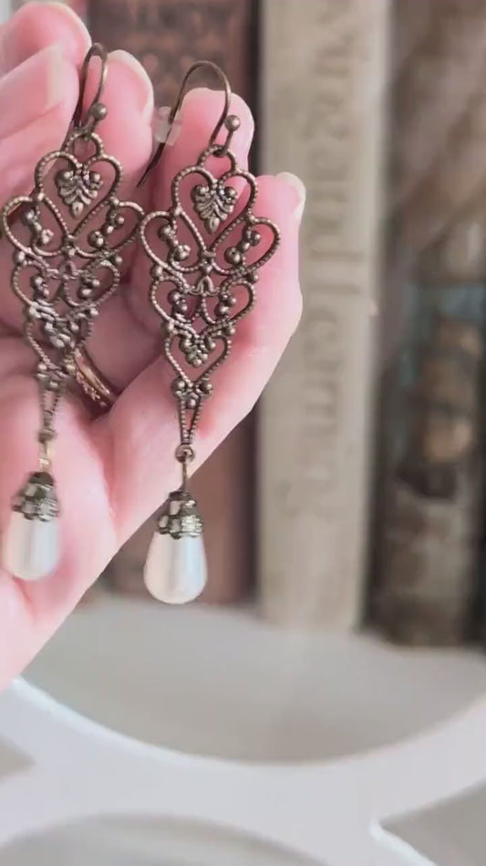 Pearl Drop Earrings: Bronze Filigree Dangles, Vintage Bride Jewelry