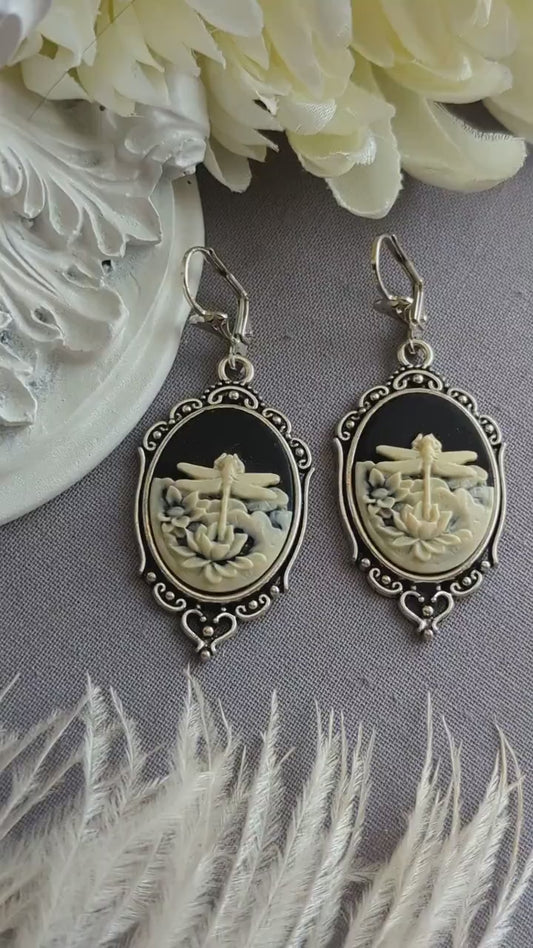 Black Dragonfly Cameo Earrings: Gothic Victorian Style