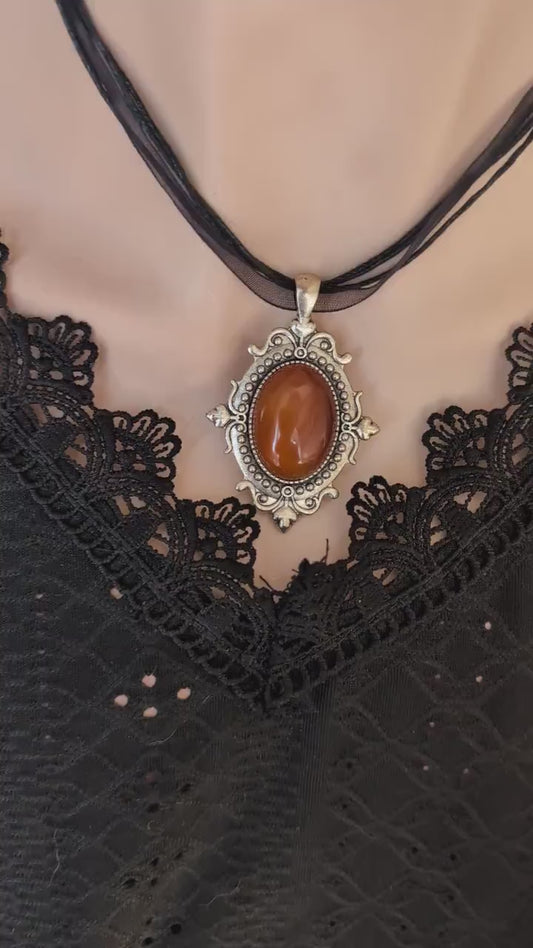 Carnelian Choker Necklace, Silver Gothic Pendant, Black Organza Ribbon