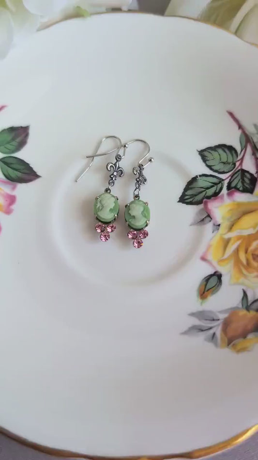 Green Cameo Earrings – Fleur de Lis & Pink Crystal Vintage Jewelry