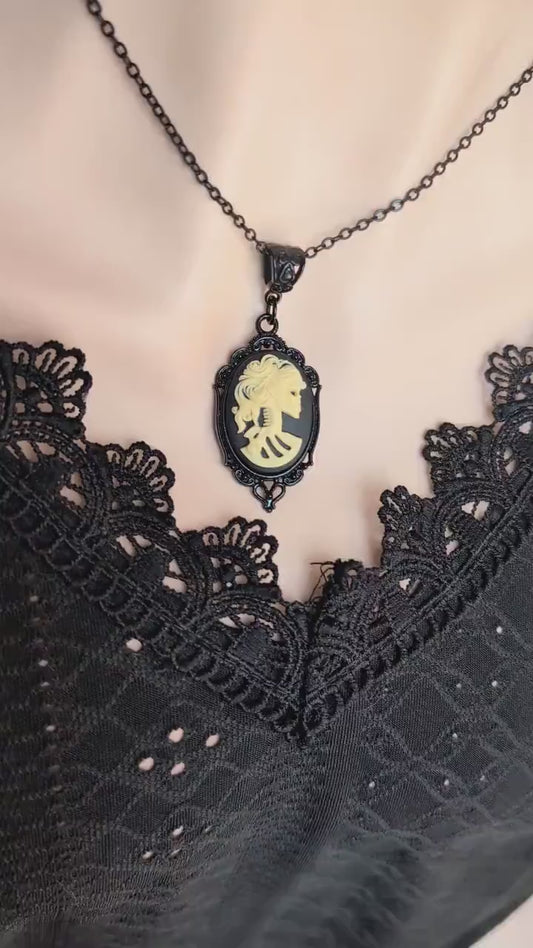 Black Skull Cameo Necklace: Gothic Skeleton Pendant