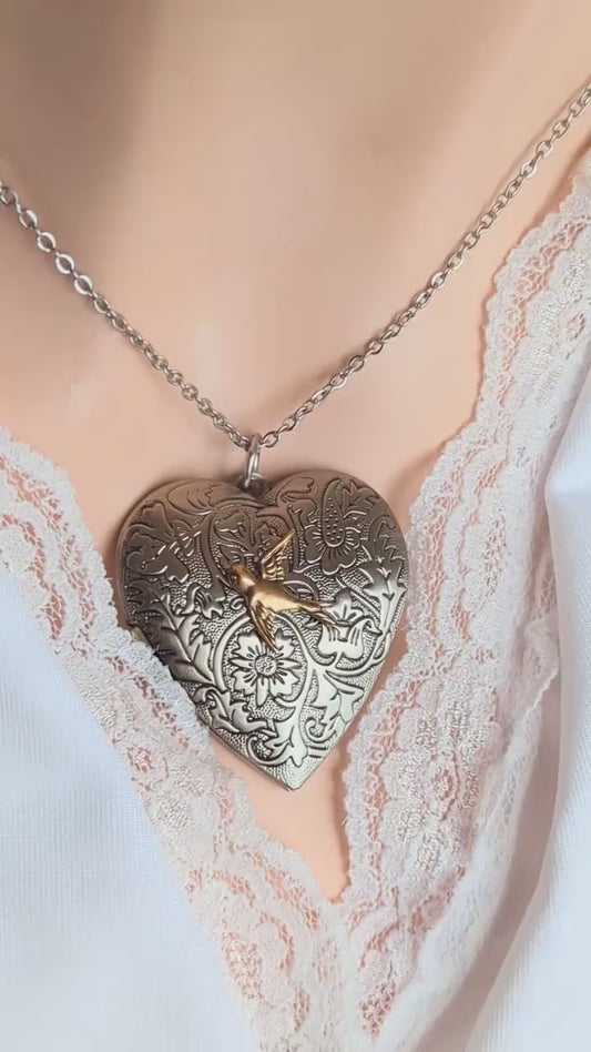 Heart Locket Pendant Necklace | Silver Bird Choker, Handmade Jewelry