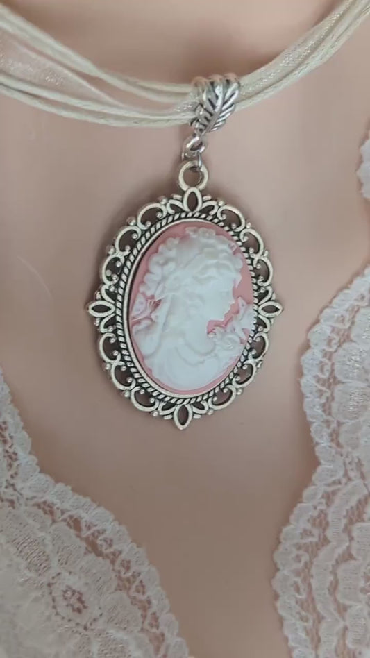 Pink Lady Cameo on Cream Organza Ribbon Choker - Silver Victorian Setting