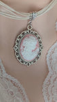 Pink Lady Cameo on Cream Organza Ribbon Choker - Silver Victorian Setting
