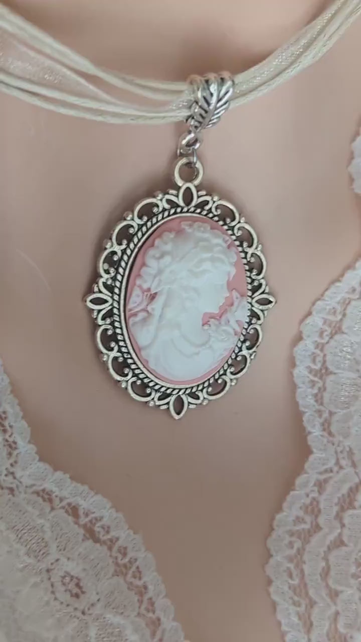 Pink Lady Cameo on Cream Organza Ribbon Choker - Silver Victorian Setting