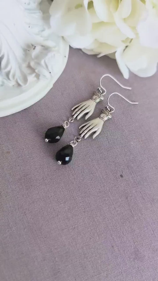 Victorian Hand Earrings – Gothic Silver with Black Teardrop Beads