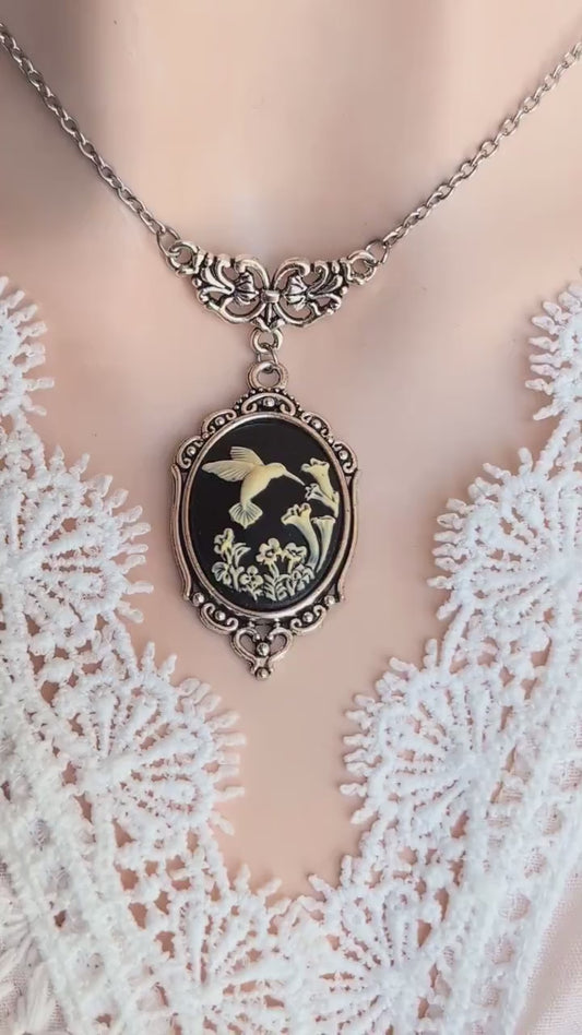 Hummingbird Cameo Necklace: Antique Silver Gothic Pendant