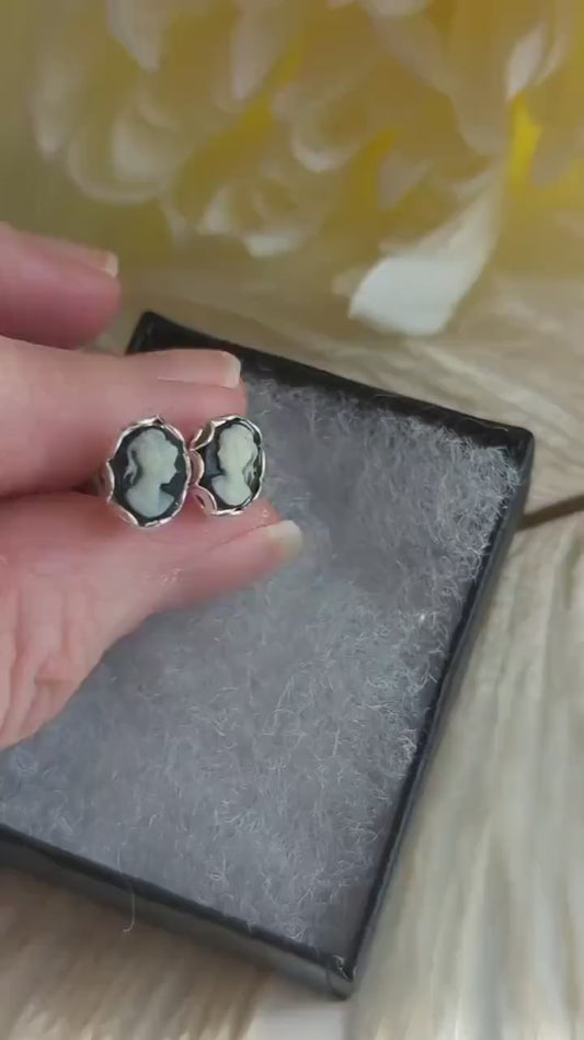 Tiny Cameo Stud Earrings | Black Ivory Dainty Vintage Post Earrings