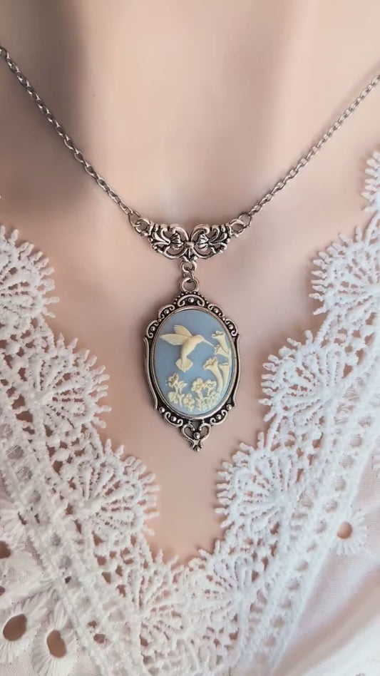 Blue Hummingbird Cameo Necklace, Art Nouveau Bird Pendant Jewelry