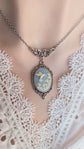 Blue Hummingbird Cameo Necklace, Art Nouveau Bird Pendant Jewelry