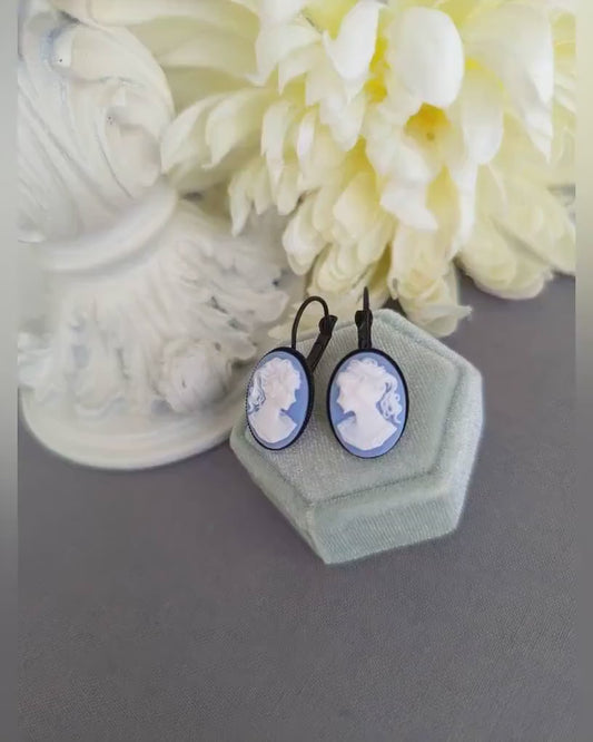 Blue Cameo Earrings in Black Lever backs, Gothic Victorian Jewelry