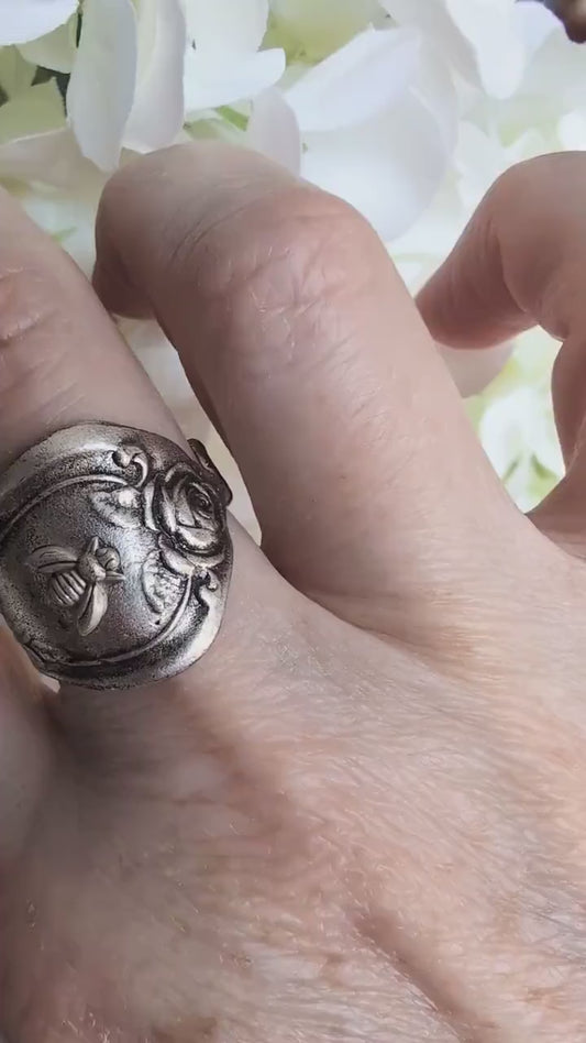 Silver Spoon Bee Ring, Adjustable Boho Cottagecore Jewelry