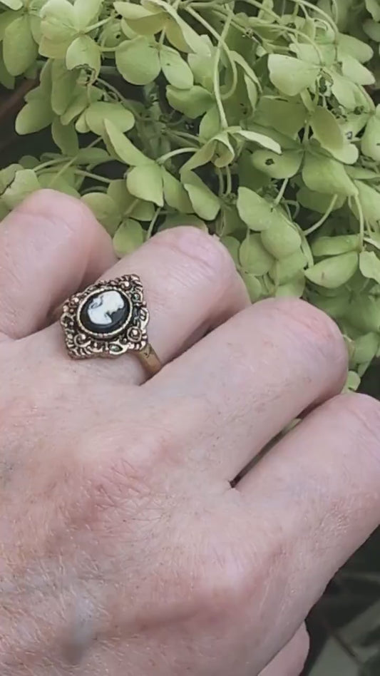 Antiqued Gold Cameo Ring, Adjustable Victorian Style Jewelry
