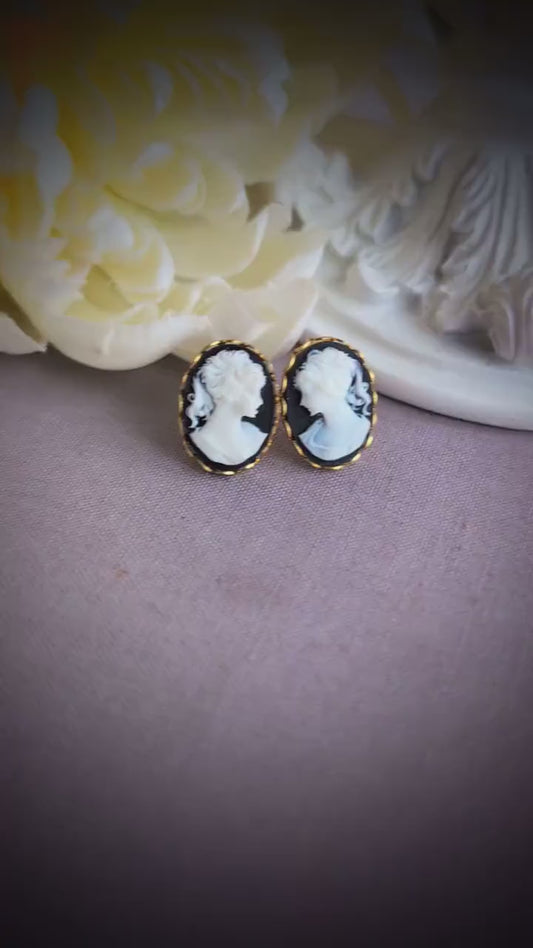 Large Lady Cameo Stud Earrings, Vintage Style Victorian Jewelry