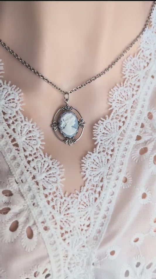 Victorian Cameo Necklace - Antiqued Silver Leaf Pendant - Vintage Style