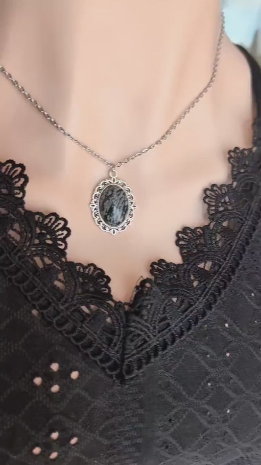 Snowflake Obsidian Necklace, Gothic Vintage Crystal Pendant Jewelry