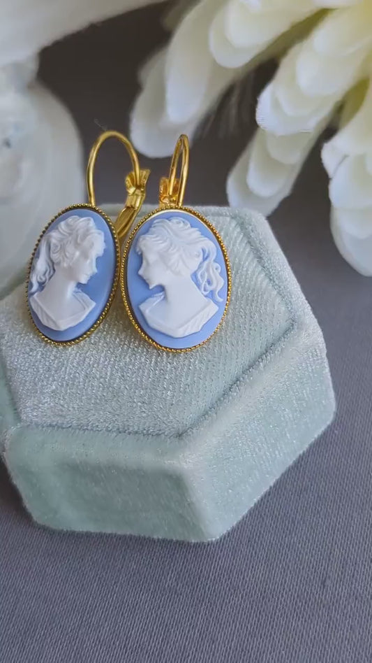 Handmade Blue Cameo Earrings | Victorian Lever Back Jewelry Gift