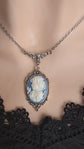 Blue Cameo Necklace, Victorian Silver Pendant, Vintage Style Jewelry