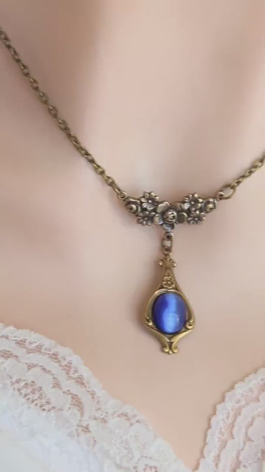 Vintage Sapphire Blue Necklace | Floral Teardrop Pendant, Art Nouveau