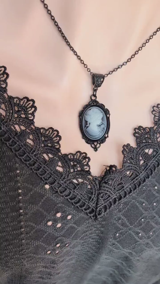 Gothic Blue Cameo Necklace: Ornate Black Vintage Style Jewelry