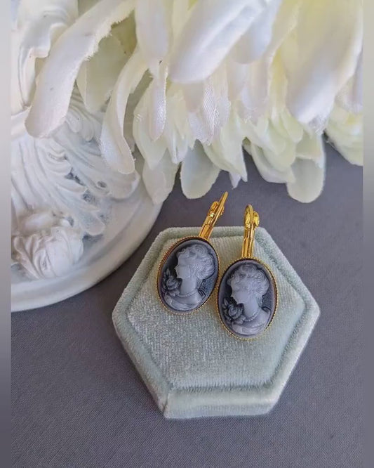 Blue Cameo Lever Back Earrings: Vintage Style Portrait Jewelry