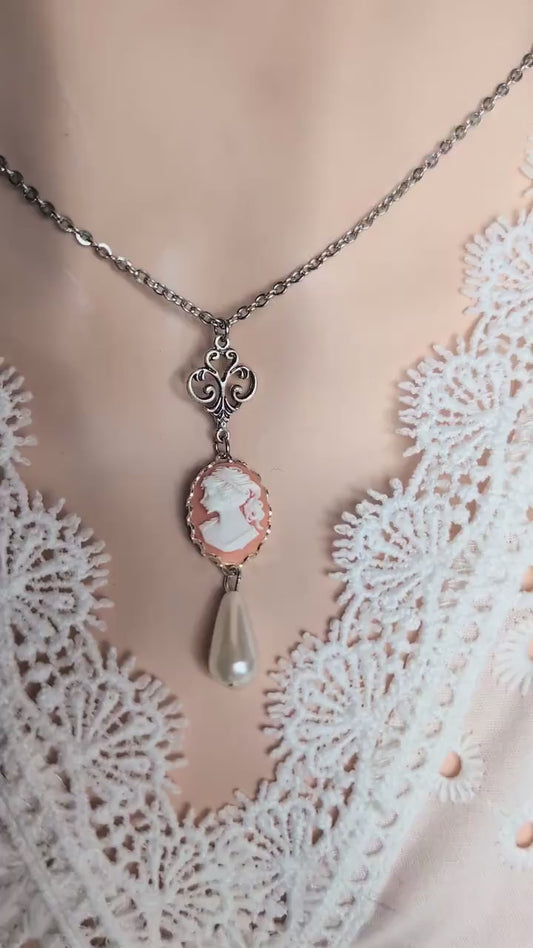 Pink Cameo Necklace with Pearl Drop, Victorian Silver Pendant Gift