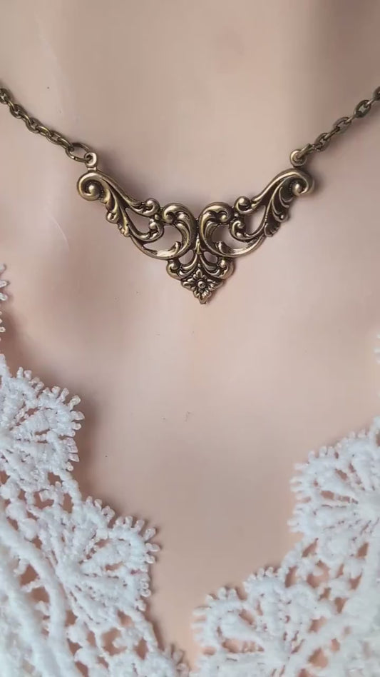 Antiqued Brass Filigree Choker Necklace, Vintage Handmade Jewelry