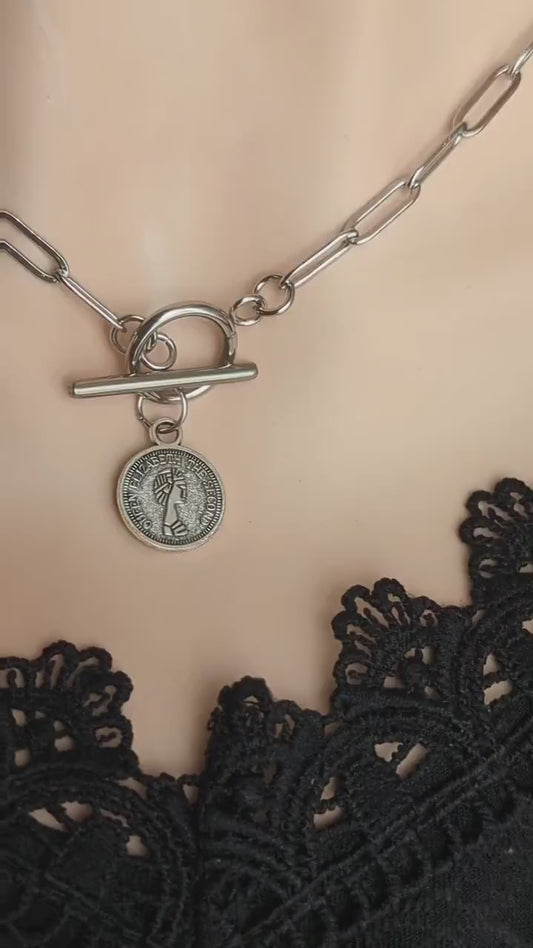 Vintage Coin Choker with Silver Toggle Paperclip Chain Necklace