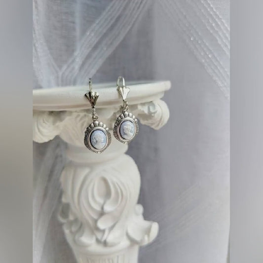 Blue Cameo Earrings: Silver Victorian Style Jewelry, Something Blue