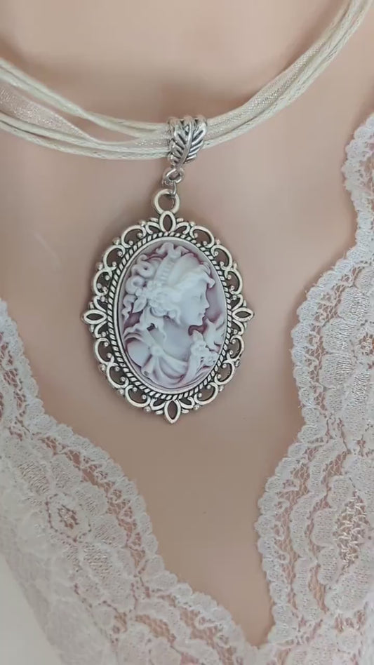 Victorian Cameo Ribbon Choker Necklace, Vintage Lady Pendant