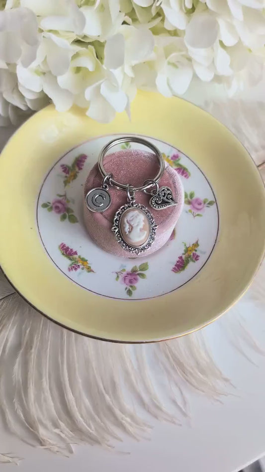 Handmade Victorian Cameo Keychain | Personalized Initial Keyring Gift